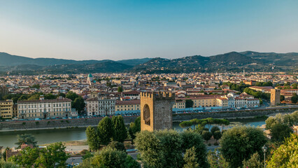 Fototapeta premium Florence landscape from above timelapse, panorama on historical view from Piazzale Michelangelo point. Italy.