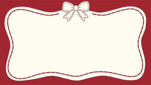 Elegant hand-drawn wavy frame with stitched red ribbon bow on cream and red background. Perfect for gift tags, greeting cards, invitations, labels, and festive graphic design projects.