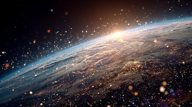 Orbiting space debris encircles Earth against the darkness of space, symbolizing the growing challenge of space sustainability and the environmental impact of human activity in orbit.

