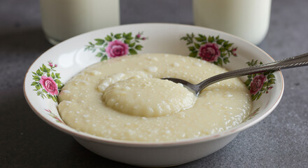 Semolina porridge in floral bowl with milk in background