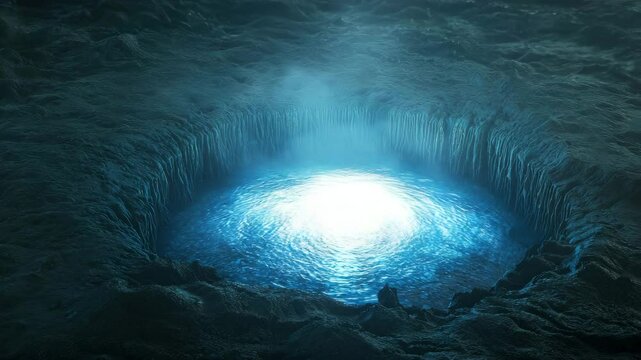 Mysterious blue water vortex with shimmering light in a dark environment.