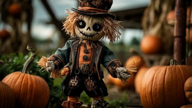 Festive autumn scene with a scarecrow doll standing amidst vibrant orange pumpkins, straw and wooden elements, celebrating harvest season