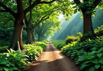 Sunlit Dirt Path Through a Tree-Lined Avenue