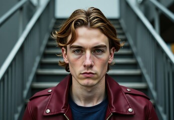 A Portrait of Young Man in Burgundy Leather Jacket