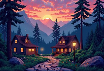 Mountain Cabins at Sunset