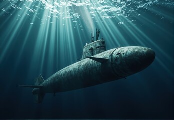 Underwater View of a Weathered Military Submarine