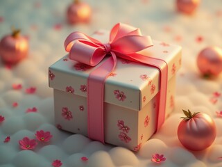 White gift box with pink ribbon and floral design resting on soft surface with decorative pink ornaments