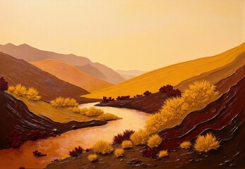 Impasto Landscape with Winding River and Autumnal Vegetation