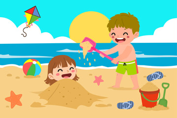 Two cute kids burying each others in sand, two kids playing in the beach vector illustration 