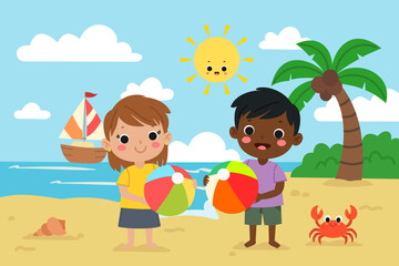 Cute beach scene with kids holding beach balls , summer vacation vector illustration&rdquo;