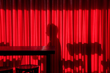 silhouette of a mysterious woman behind a red curtain