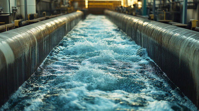 Water forcefully gushes from parallel steel industrial pipes, showcasing dynamic energy and powerful motion. A vivid representation of infrastructure, water treatment, and hydraulic force in action.


