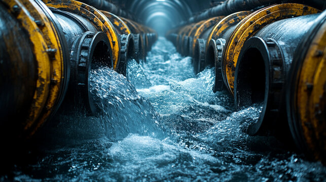 Water forcefully gushes from parallel steel industrial pipes, showcasing dynamic energy and powerful motion. A vivid representation of infrastructure, water treatment, and hydraulic force in action.

