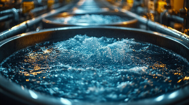 Water forcefully gushes from parallel steel industrial pipes, showcasing dynamic energy and powerful motion. A vivid representation of infrastructure, water treatment, and hydraulic force in action.

