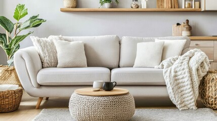 A cozy living room scene featuring light neutral tones and textures.