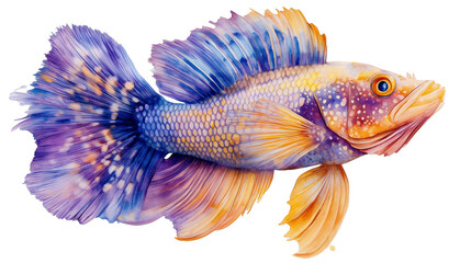 Fototapeta premium Watercolor betta splendens fish illustration with intricate details and vibrant hues, isolated on transparent background cutout