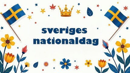 greeting card for National Day of Sweden, elegant lettering text "Sveriges Nationaldag", decorated with blue and yellow floral patterns, clean white background, minimalistic and festive