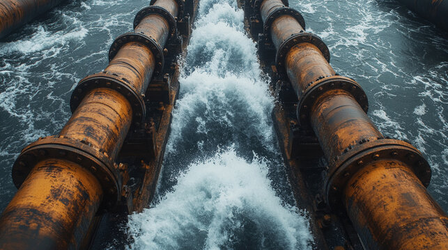 Water forcefully gushes from parallel steel industrial pipes, showcasing dynamic energy and powerful motion. A vivid representation of infrastructure, water treatment, and hydraulic force in action.

