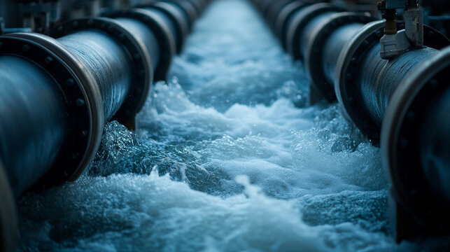 Water forcefully gushes from parallel steel industrial pipes, showcasing dynamic energy and powerful motion. A vivid representation of infrastructure, water treatment, and hydraulic force in action.

