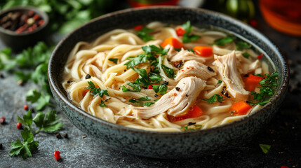 Warm bowl of chicken noodle soup with carrots and herbs on a wooden table—symbolizing comfort, home cooking, and nourishment. A healthy meal with rustic presentation and caption space on the side.
