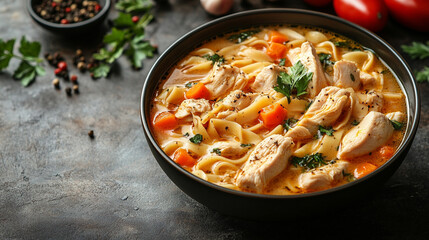 Warm bowl of chicken noodle soup with carrots and herbs on a wooden table—symbolizing comfort, home cooking, and nourishment. A healthy meal with rustic presentation and caption space on the side.
