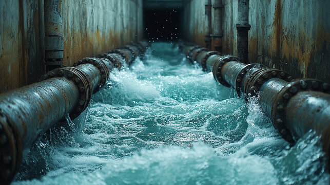 Water forcefully gushes from parallel steel industrial pipes, showcasing dynamic energy and powerful motion. A vivid representation of infrastructure, water treatment, and hydraulic force in action.

