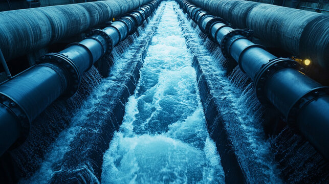 Water forcefully gushes from parallel steel industrial pipes, showcasing dynamic energy and powerful motion. A vivid representation of infrastructure, water treatment, and hydraulic force in action.

