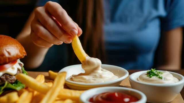 Woman dipping French fries into sauce next to burger
