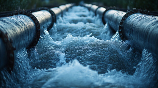 Water forcefully gushes from parallel steel industrial pipes, showcasing dynamic energy and powerful motion. A vivid representation of infrastructure, water treatment, and hydraulic force in action.

