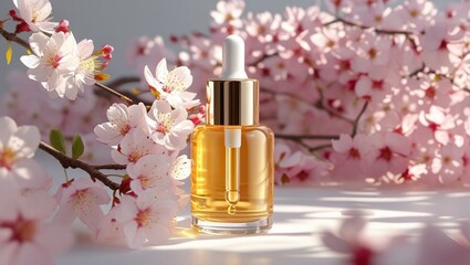 Close-up serum bottle with pipette, liquid inside. Golden bottle, cherry blossoms, spring bloom, shadows, sunlight. Skincare product for face beauty treatment, skin hydration, care, beauty routine