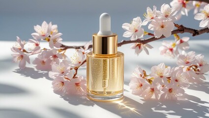 Close-up serum bottle with pipette, liquid inside. Golden bottle, cherry blossoms, spring bloom, shadows, sunlight. Skincare product for face beauty treatment, skin hydration, care, beauty routine