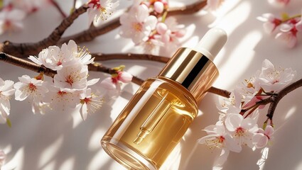 Close-up serum bottle with pipette, liquid inside. Golden bottle, cherry blossoms, spring bloom, shadows, sunlight. Skincare product for face beauty treatment, skin hydration, care, beauty routine