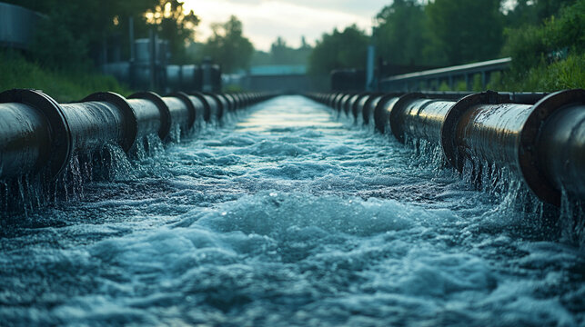 Water forcefully gushes from parallel steel industrial pipes, showcasing dynamic energy and powerful motion. A vivid representation of infrastructure, water treatment, and hydraulic force in action.

