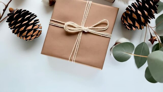 Wrapped gift box on a white surface surrounded by pinecones, eucalyptus leaves, and cotton flowers laid out as decoration