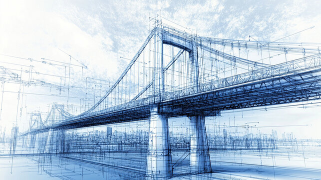 Intricate architectural blueprint of a modern bridge design—symbolizing engineering precision, innovation, structural integrity, and the fusion of technical planning with architectural vision.
