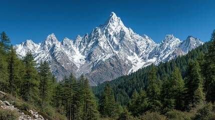 Fototapeta premium Snow-capped mountain peaks rising above a dense forest.