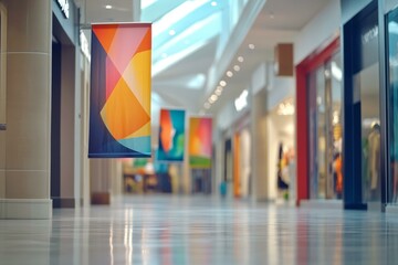  Colorful mockup banner in shopping mall corridor with blurred background, ideal for advertisements and promotions