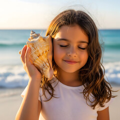 A joyous young child with closed eyes holds a large seashell to their ear on a sunny beach