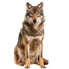 Fototapeta premium Majestic wolf sits confidently, showcasing its thick fur and piercing gaze. This wild animal embodies strength and grace, making it captivating subject for nature enthusiasts