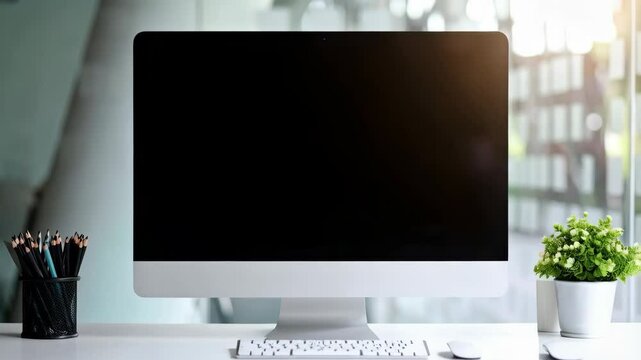Modern desktop computer with black screen display stands on clean white desk with peripherals and flowerpot near bright windows