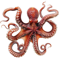 Octopus with vibrant red and orange colors, showcasing its long, flowing tentacles and distinctive suckers. This marine creature is often associated with intelligence and adaptability