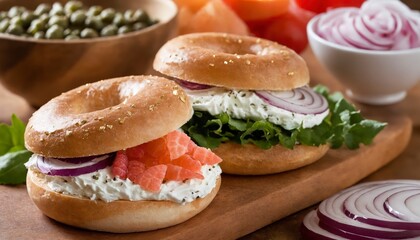 Two bagels with cream cheese and red onions on a cutting board.