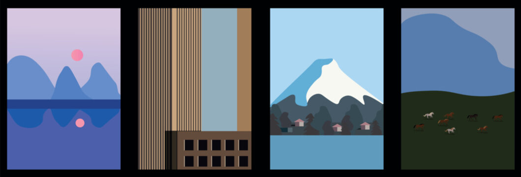 set landscape posters vector illustration with texture. Evening mountains landscape, river and sun in violet colors. Modern city buildings. Mountin Fuji Japan. Horses gallop running in mountins