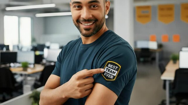 Smiling man pointing at "Best Team Ever" patch on his shirt in office space