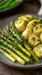 Gourmet vegan dish with asparagus and artichoke, artfully plated and garnished with herbs, symbolizing freshness, seasonal ingredients, clean eating, and plant-based culinary creativity.

