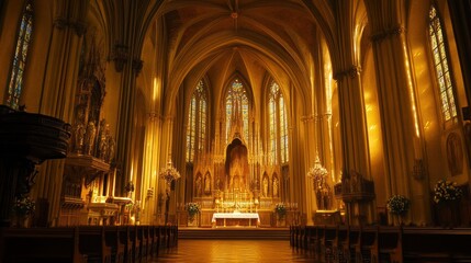 Fototapeta premium Golden interior of a grand church. Sunlight streams through stained-glass windows