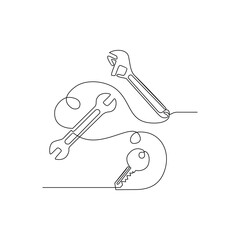 One continuous line vector illustration drawing education concept of lines form a series of keys of varying complexity: simple key, spanner key , wrench, digital key. Each key opens a different door