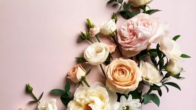 Elegant floral corner arrangement featuring roses, ranunculus, buds, and eucalyptus leaves against a soft pink background.