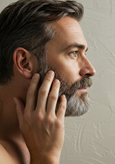 Fototapeta premium Homem maduro com barba grisalha tocando o rosto