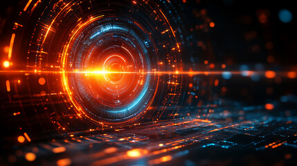 Futuristic digital QMS control interface with glowing blue and orange circuit board design, representing ISO 9001 standards, quality assurance, innovation, and compliance in modern tech.
